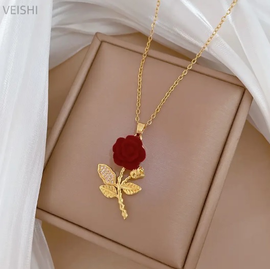 Cadena de rosa roja de acero inoxidable chapado en oro 18 K