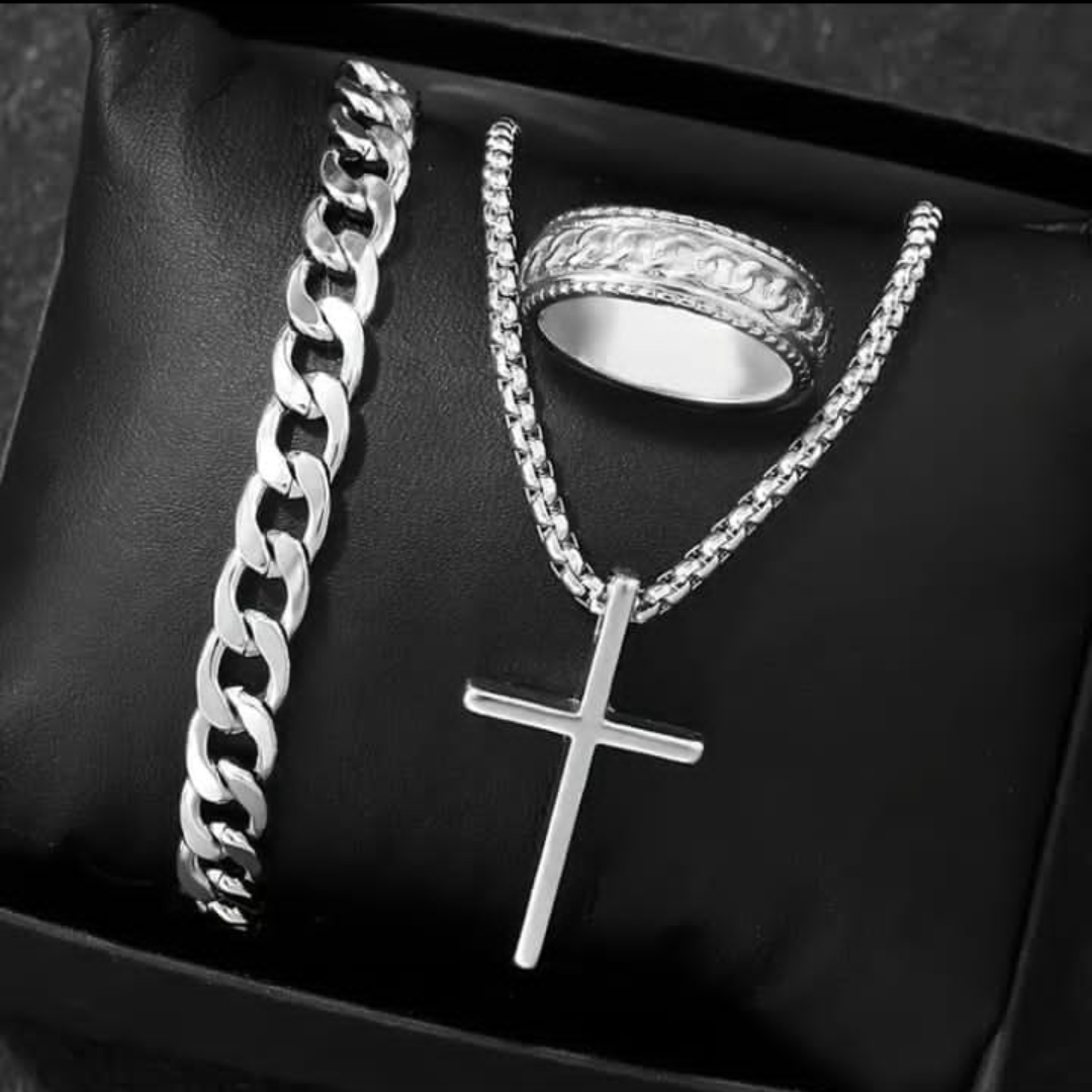 Set de accesorios masculino de acero inoxidable cadena + pulsera + anillo