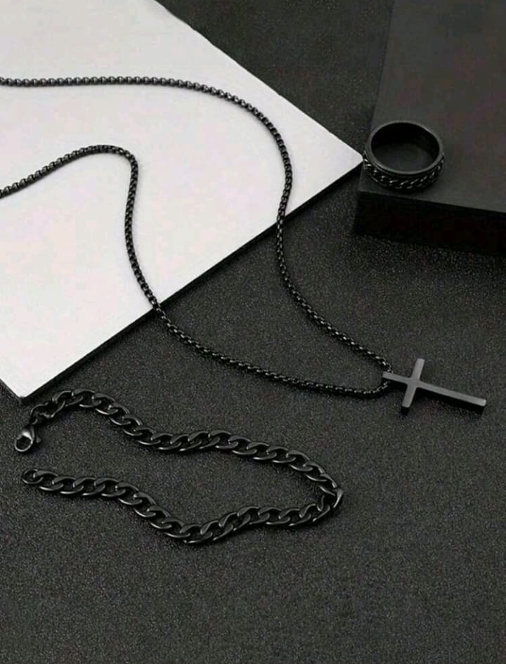 Set de accesorios masculino de acero inoxidable cadena + pulsera + anillo