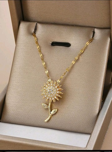 Cadena de acero inoxidable chapado en oro 18 K dije girasol giratorio antistress
