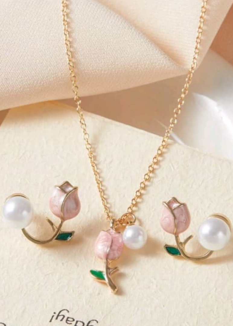 Set de tulipán rosa tradicional. Cadena+ aros