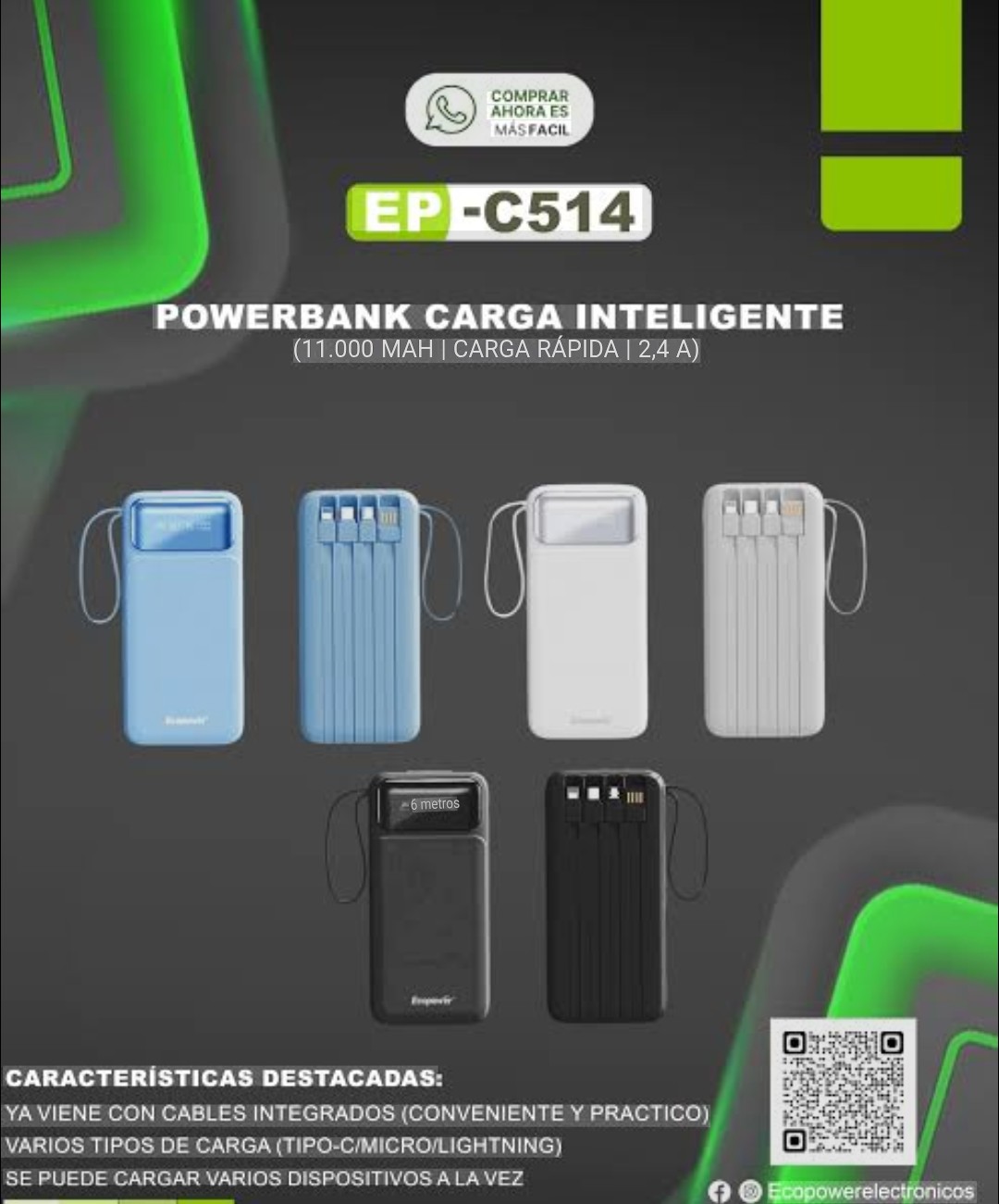 Cargador portátil Ecopower
11000mAh 4 in 1