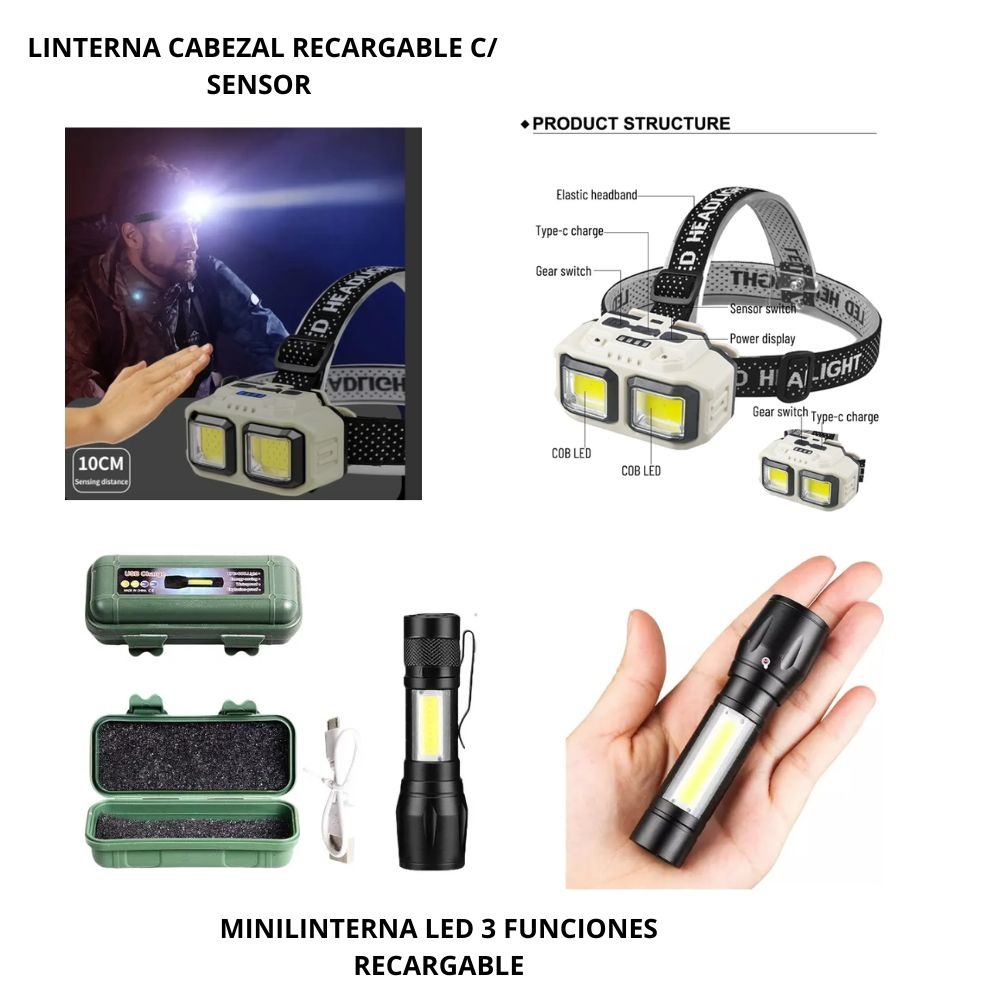 Kit Linterna Recargable 2 en 1 – Cabezal con Sensor + Mini Linterna LED