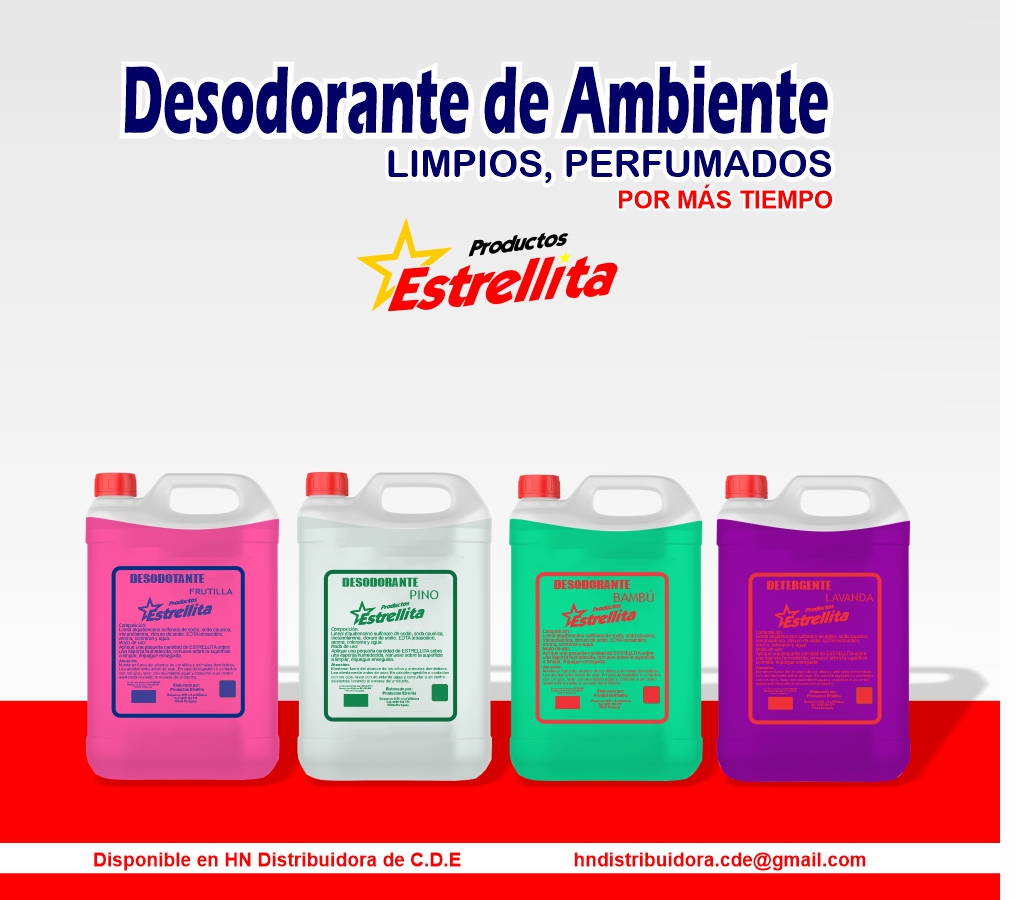Desodorante para pisos de 5 litros en cuatro presentaciones:
Frutilla -
Lavanda - 
Pino -
Bambú -