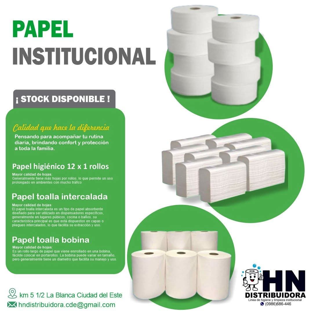 Línea de papeles institucional como :
Papel higiénico, Papel toalla intercalada, Papel toalla Bobina..