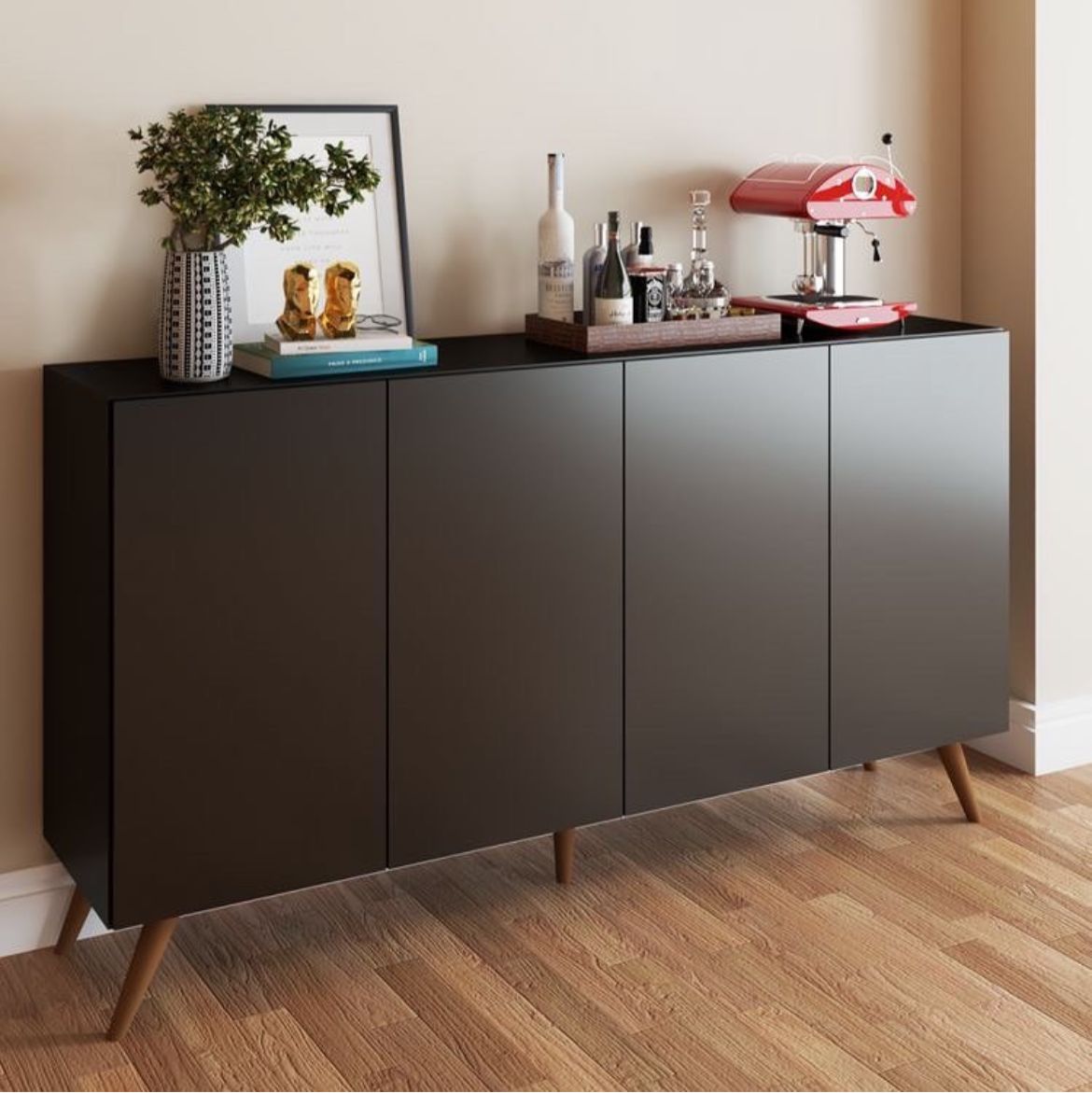 🖤 Aparador moderno de 4 puertas – elegancia en color negro ✨