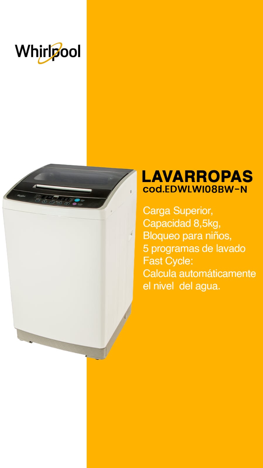 Lavadora Whirlpool 8.5 kg – Carga Superior 👕👗