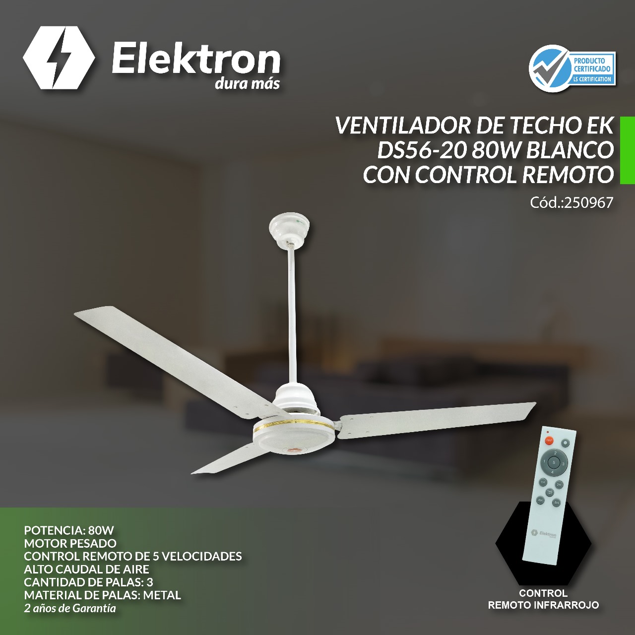 VENTILADOR DE TECHO ELEKTRON 3 ASPAS MOTOR PESADO