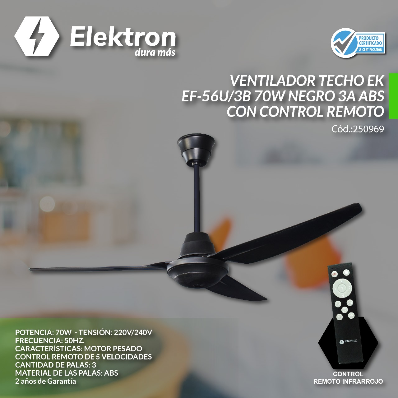 VENTILADOR DE TECHO ELEKTRON 3 ASPAS MOTOR PESADO