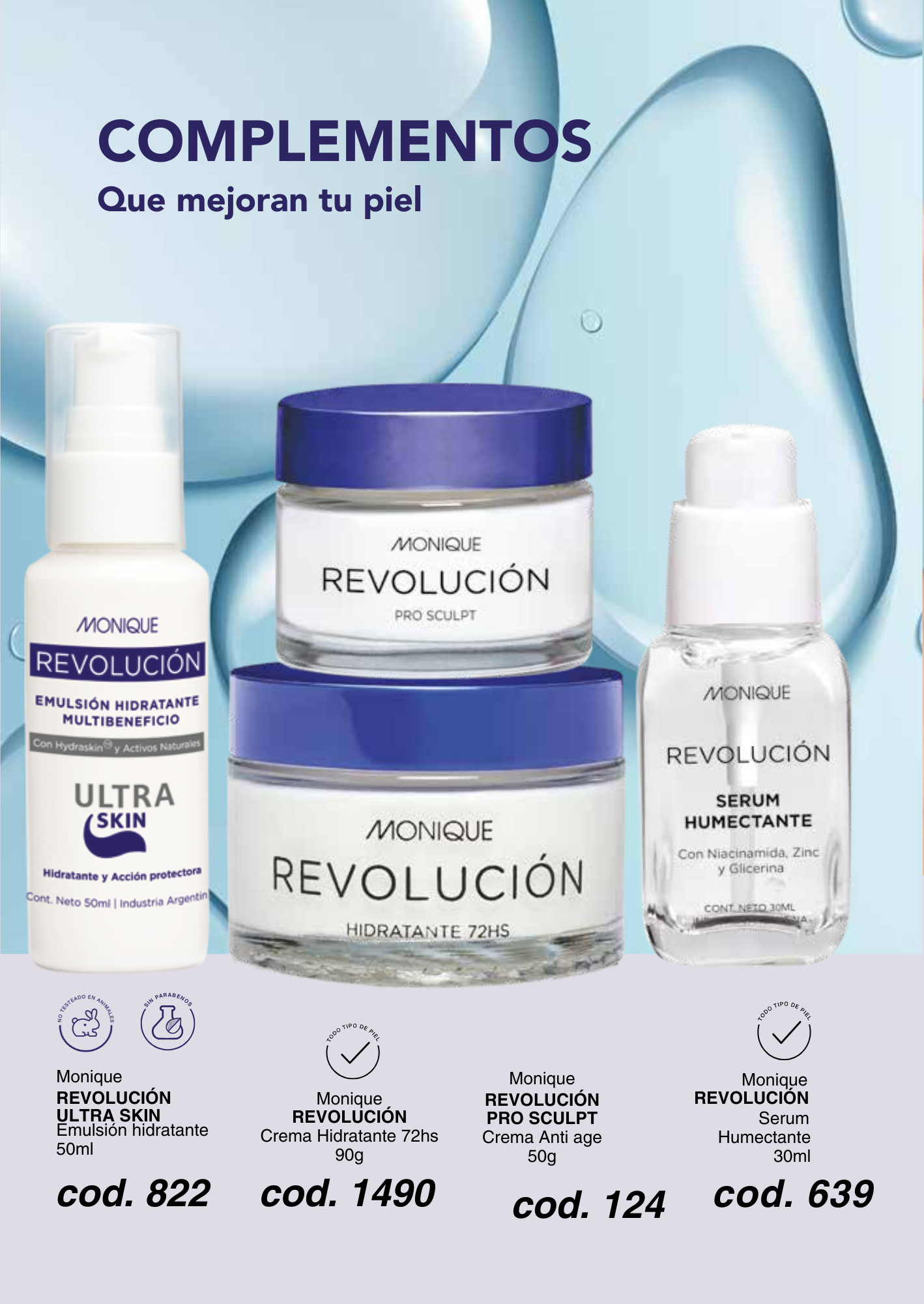 Línea REVOLUCIÓN ULTRA SKIN Emulsión hidratante / Crema Hidratante 72hs / PRO SCULPT Crema Anti age / Serum Humectante