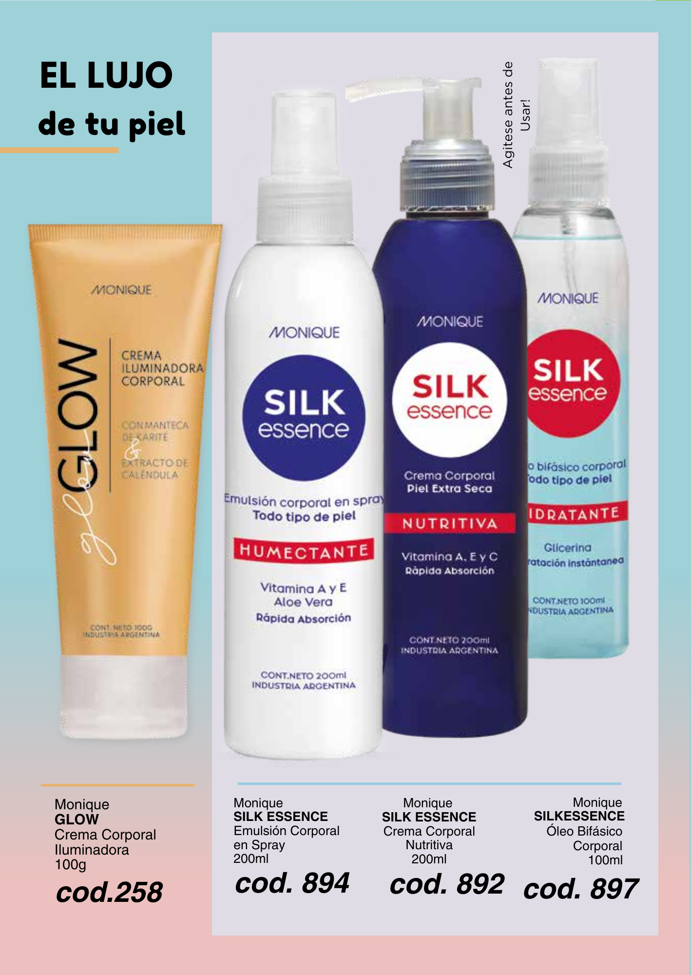 GLOW Crema Corporal Iluminadora / Línea SILK ESSENCE Emulsión Corporal en Spray / Crema Corporal Nutritiva / Óleo Bifásico Corporal