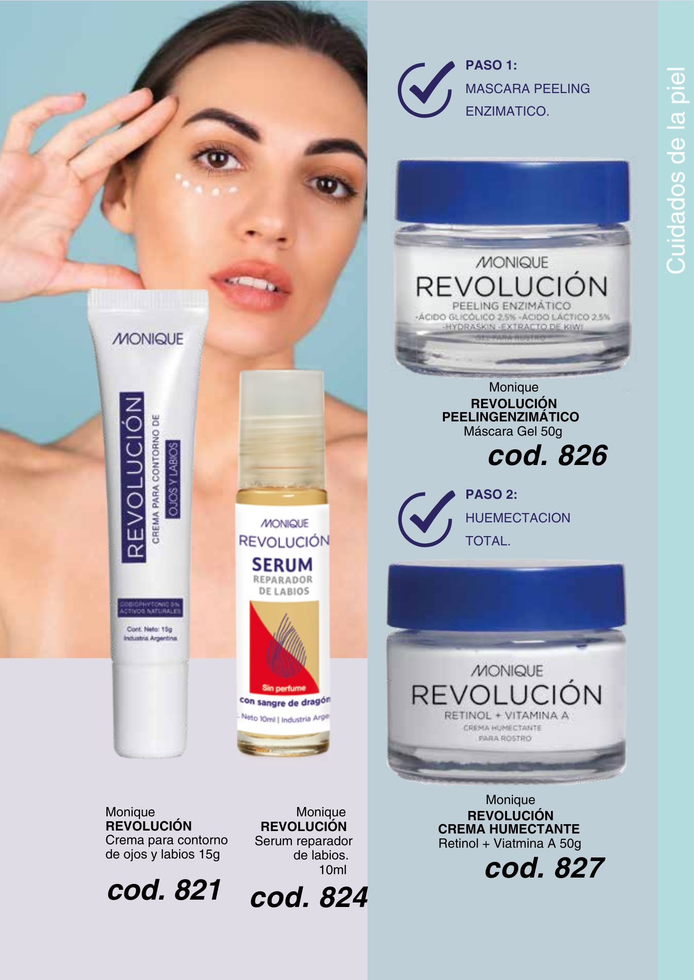 Línea REVOLUCIÓN PEELING ENZIMÁTICO Máscara Gel / CREMA HUMECTANTE Retinol + Viatmina A / Crema para contorno de ojos y labios / Serum reparador de labios