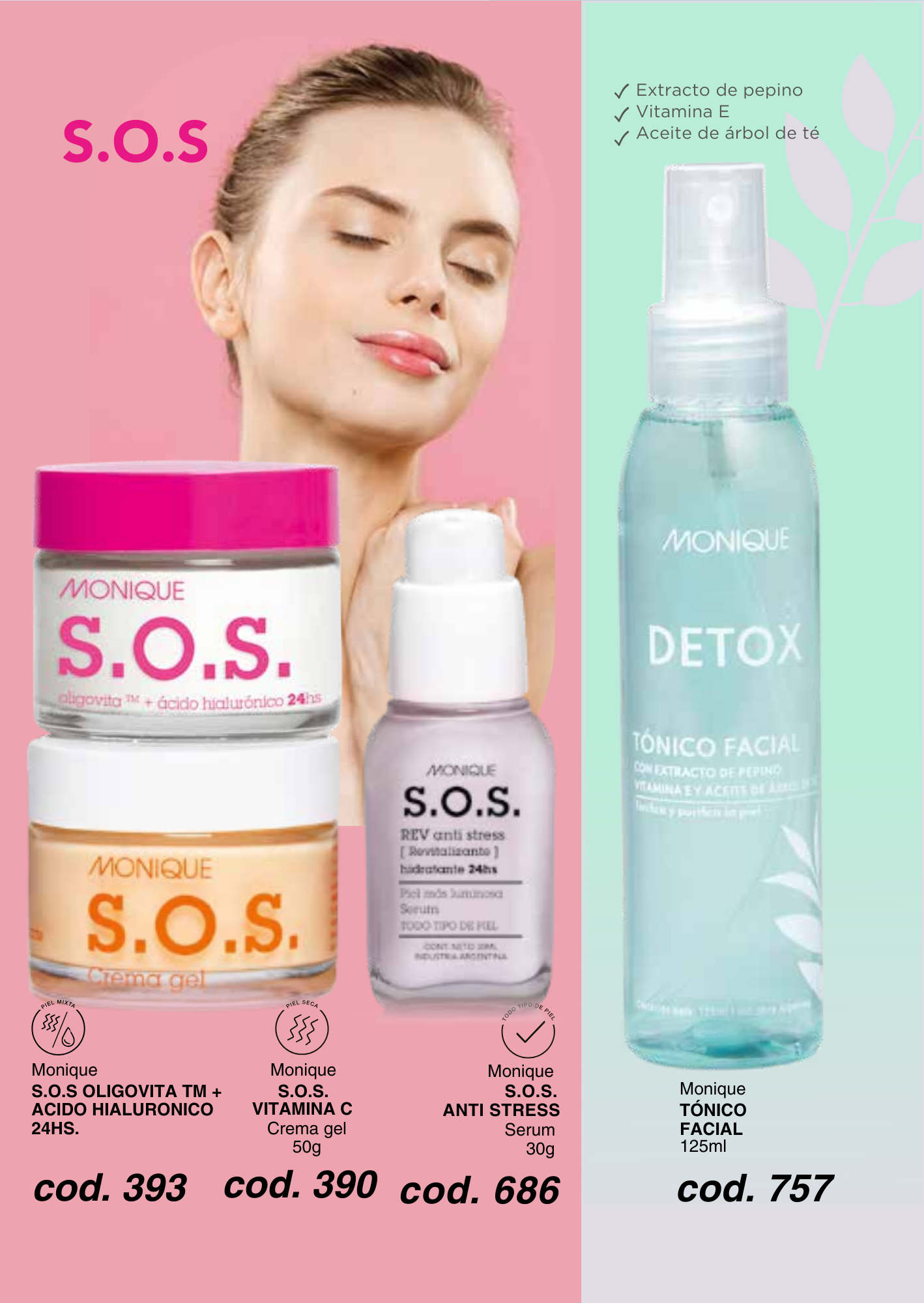 TÓNICO FACIAL DETOX / Línea de S.O.S OLIGOVITA TM + ACIDO HIALURONICO 24HS / VITAMINA C Crema gel / ANTI STRESS Serum