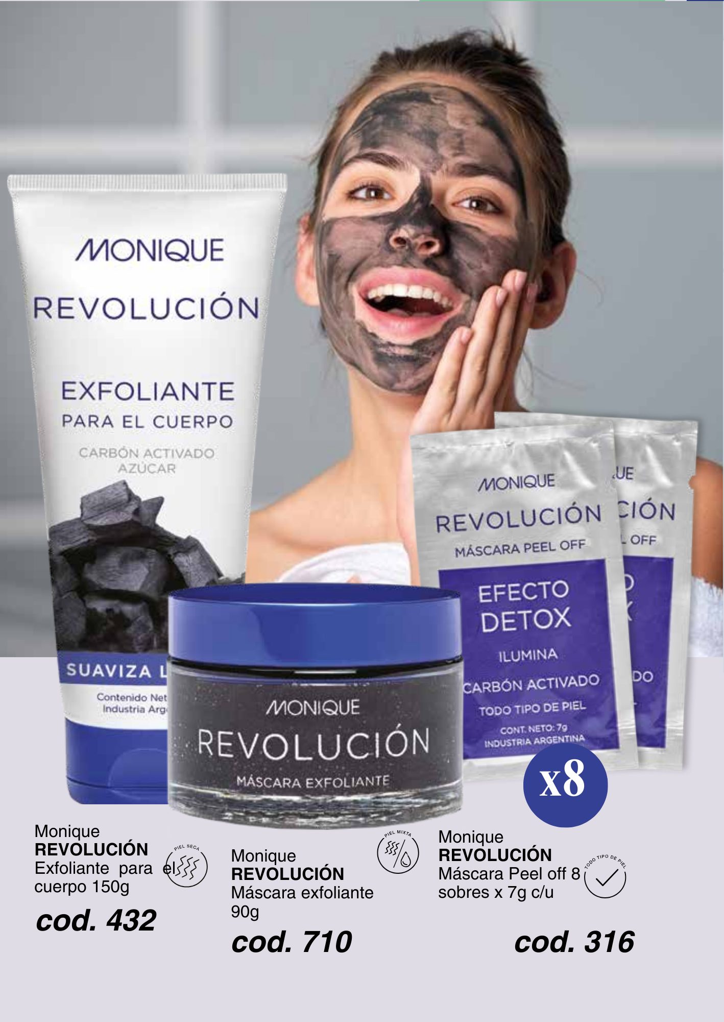 Línea REVOLUCIÓN Exfoliante para el cuerpo / Máscara exfoliante / Máscara Peel off 8 sobres