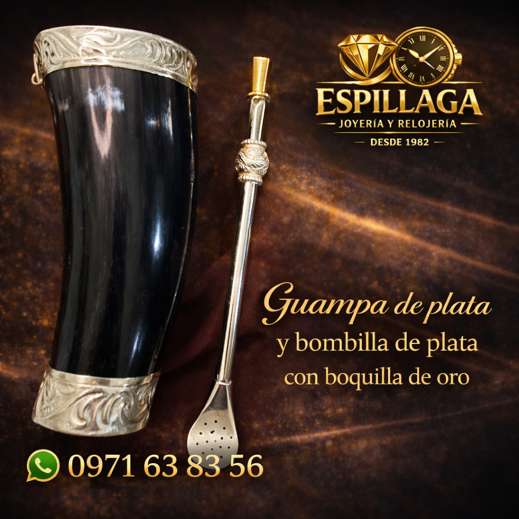Guampa de plata y bombilla de plata con boquilla de oro