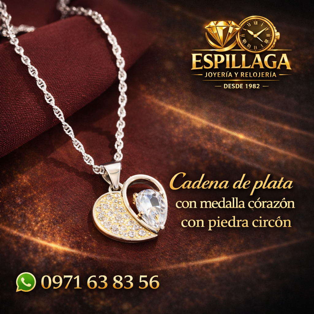 Cadena de plata con medalla corazón con piedra circón