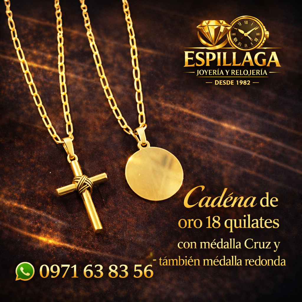 Cadena de oro 18 quilates con medalla Cruz y también medalla redonda