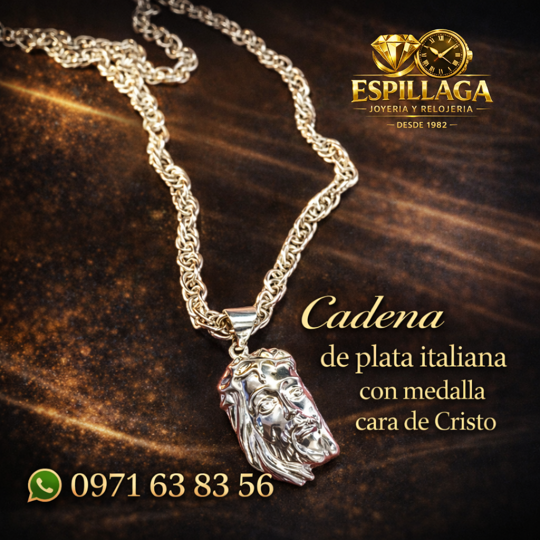 Cadena de plata italiana con medalla cara de Cristo