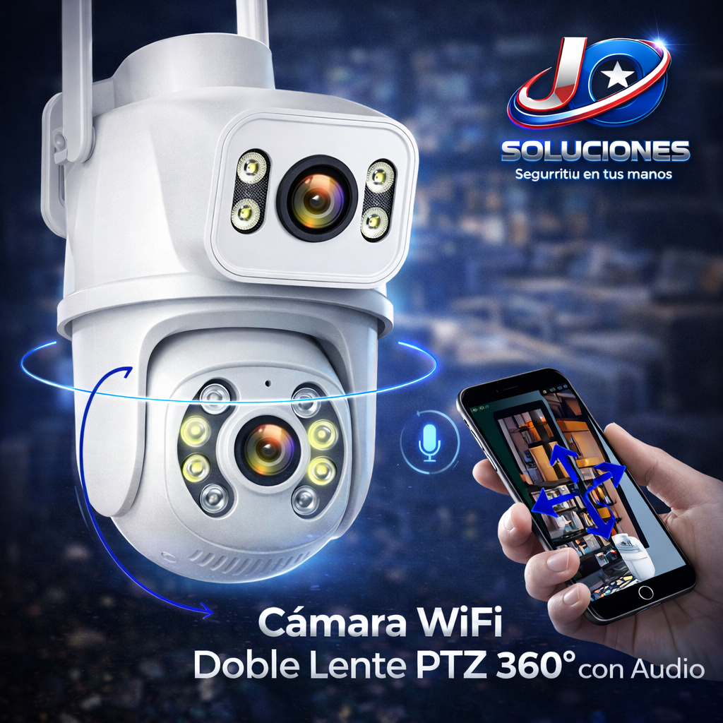 Cámara WiFi Doble Lente PTZ 360° con Audio – Visión Nocturna y Control desde el Celular
