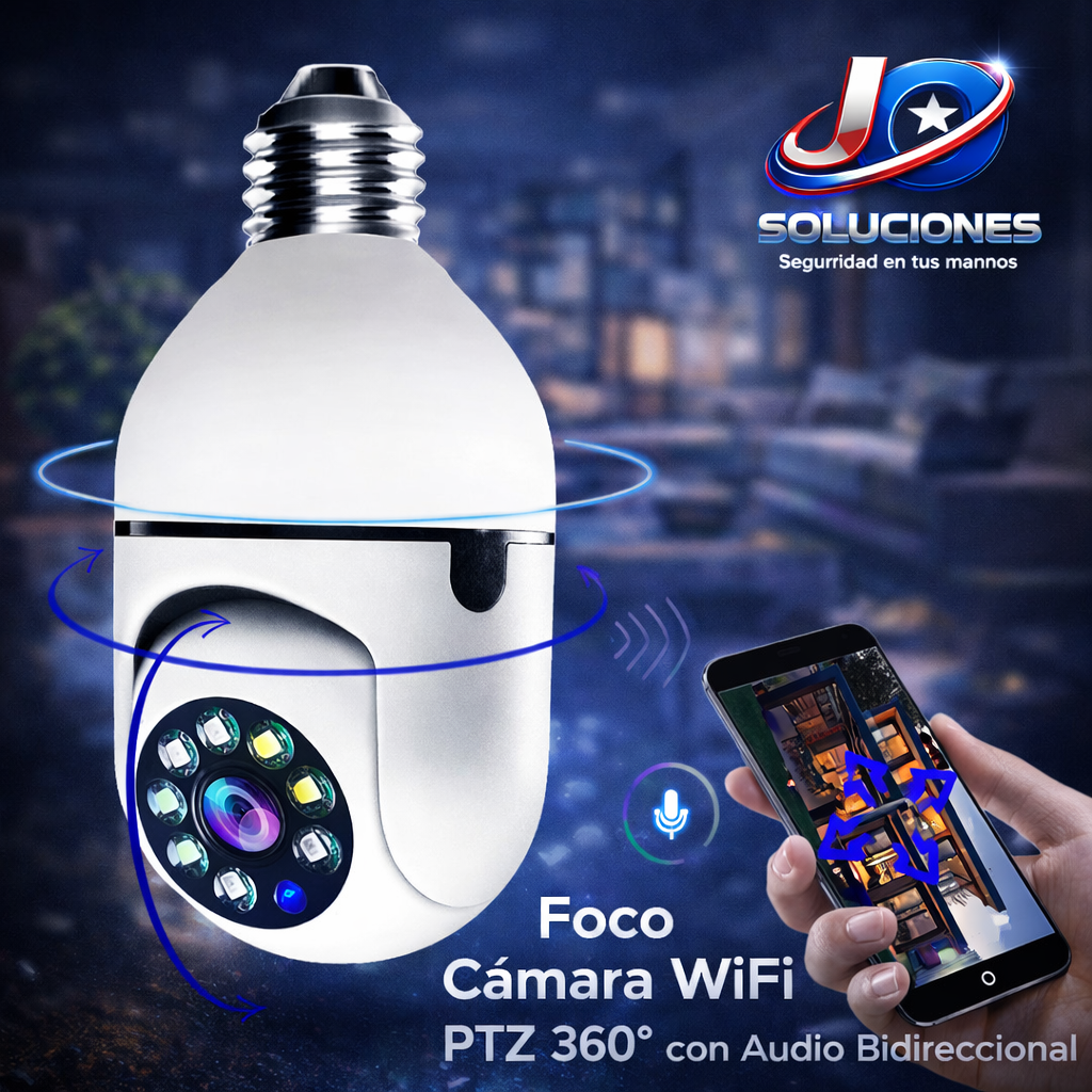 Foco Cámara WiFi PTZ 360° con Audio Bidireccional – Control desde el Celular