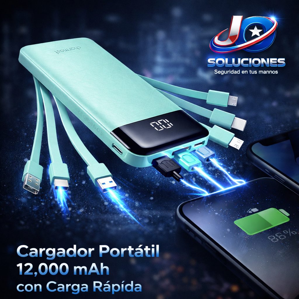 Cargador Portátil Power Bank 12.000 mAh – Carga Rápida con Múltiples Cables