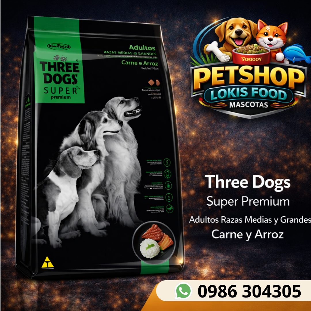 Alimento para Perros Three Dogs Super Premium Adultos Razas Medias y Grandes Carne y Arroz