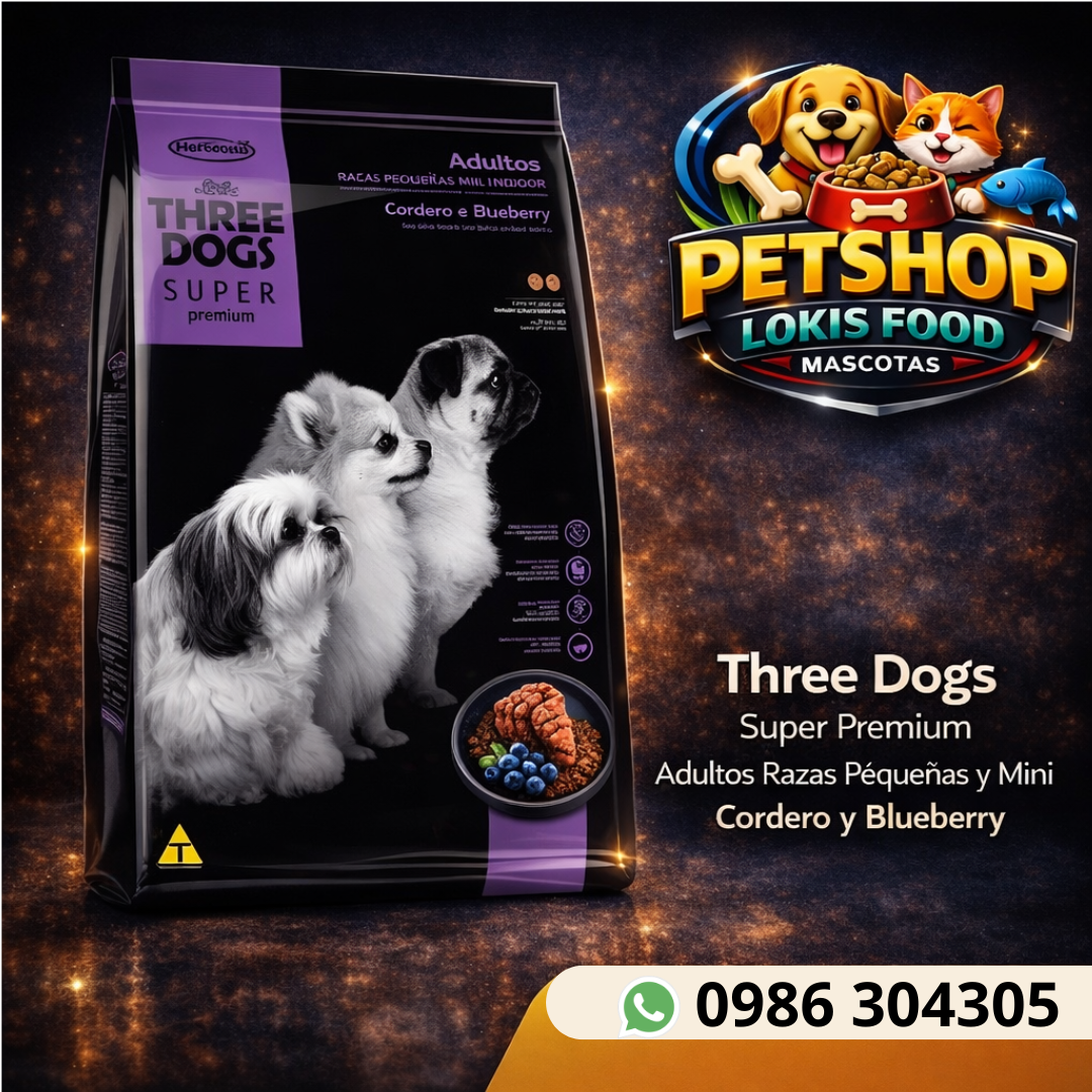 Alimento para Perros Three Dogs Super Premium Adultos Razas Pequeñas y Mini Cordero y Blueberry