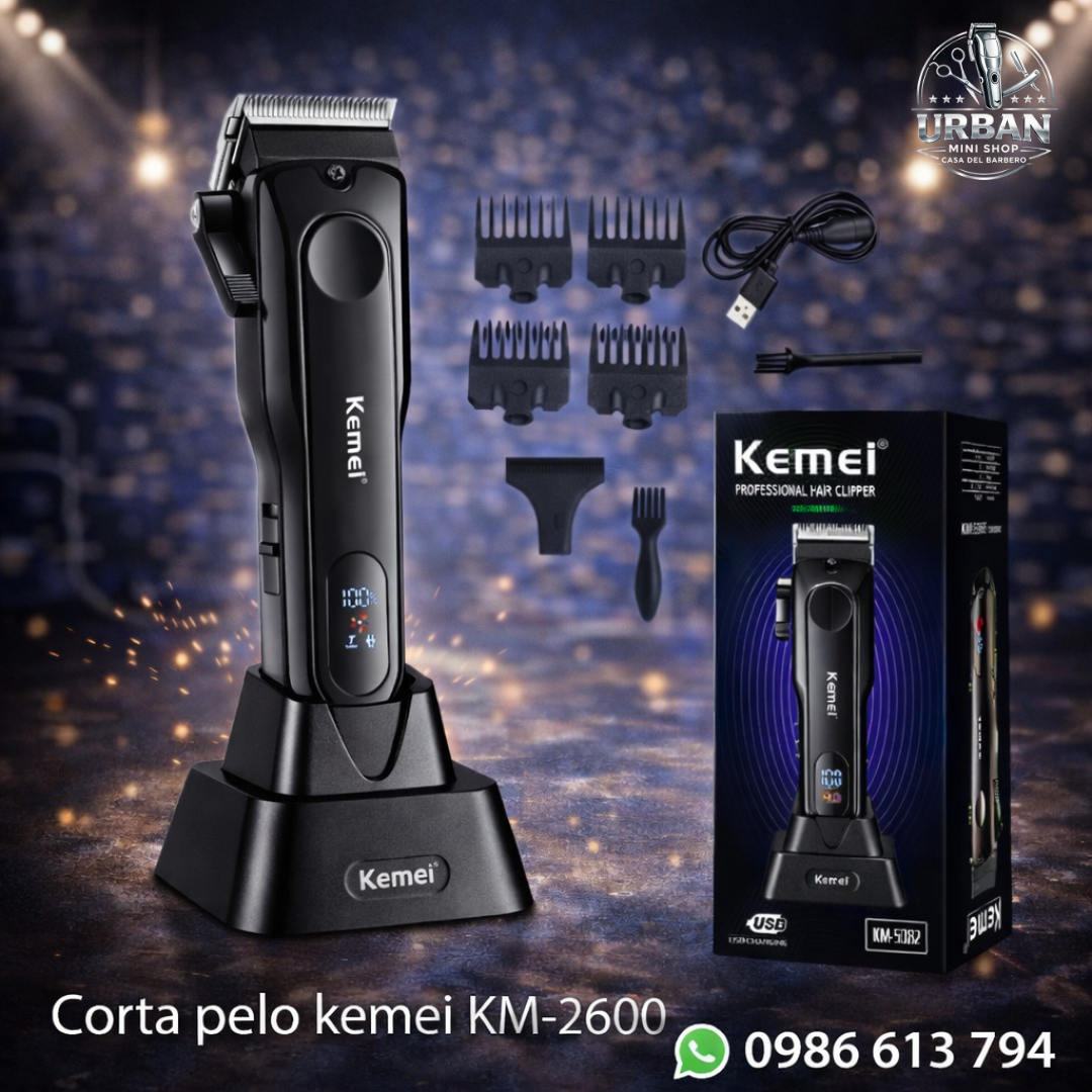 Corta Pelo Kemei KM-2600 – Máquina Profesional Recargable con Base