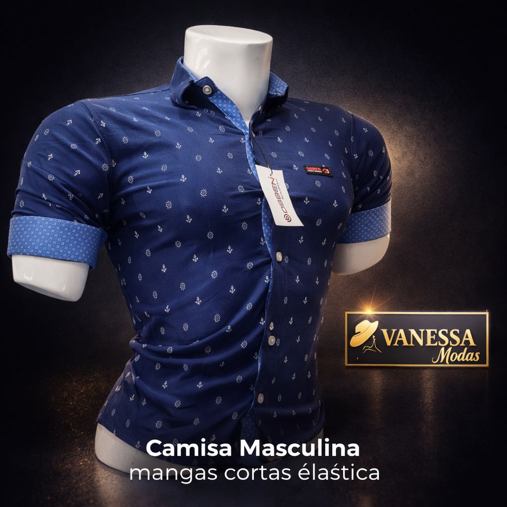 Camisa Masculina Slim Fit Elástica – Manga Corta Elegante y Moderna