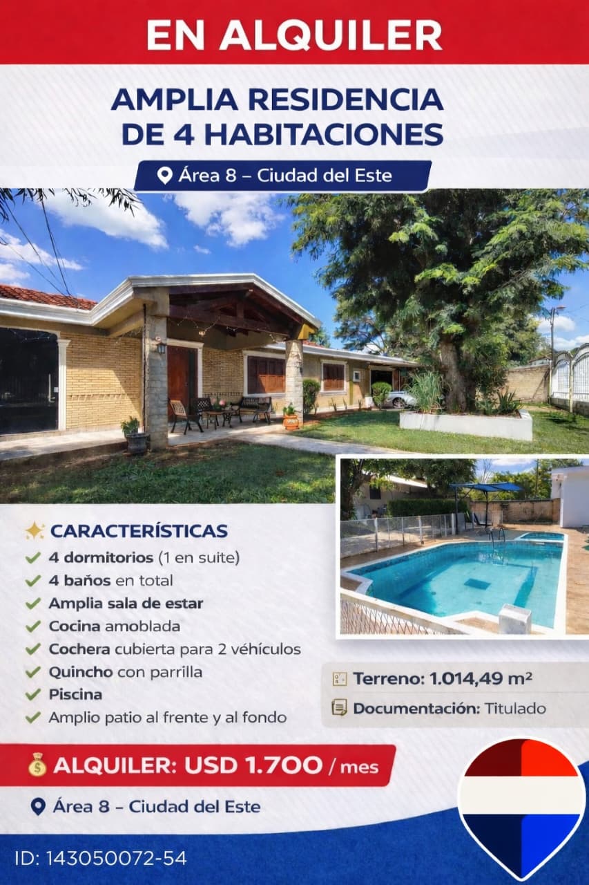 Amplia Casa en Alquiler con Piscina – Área 8 CDE