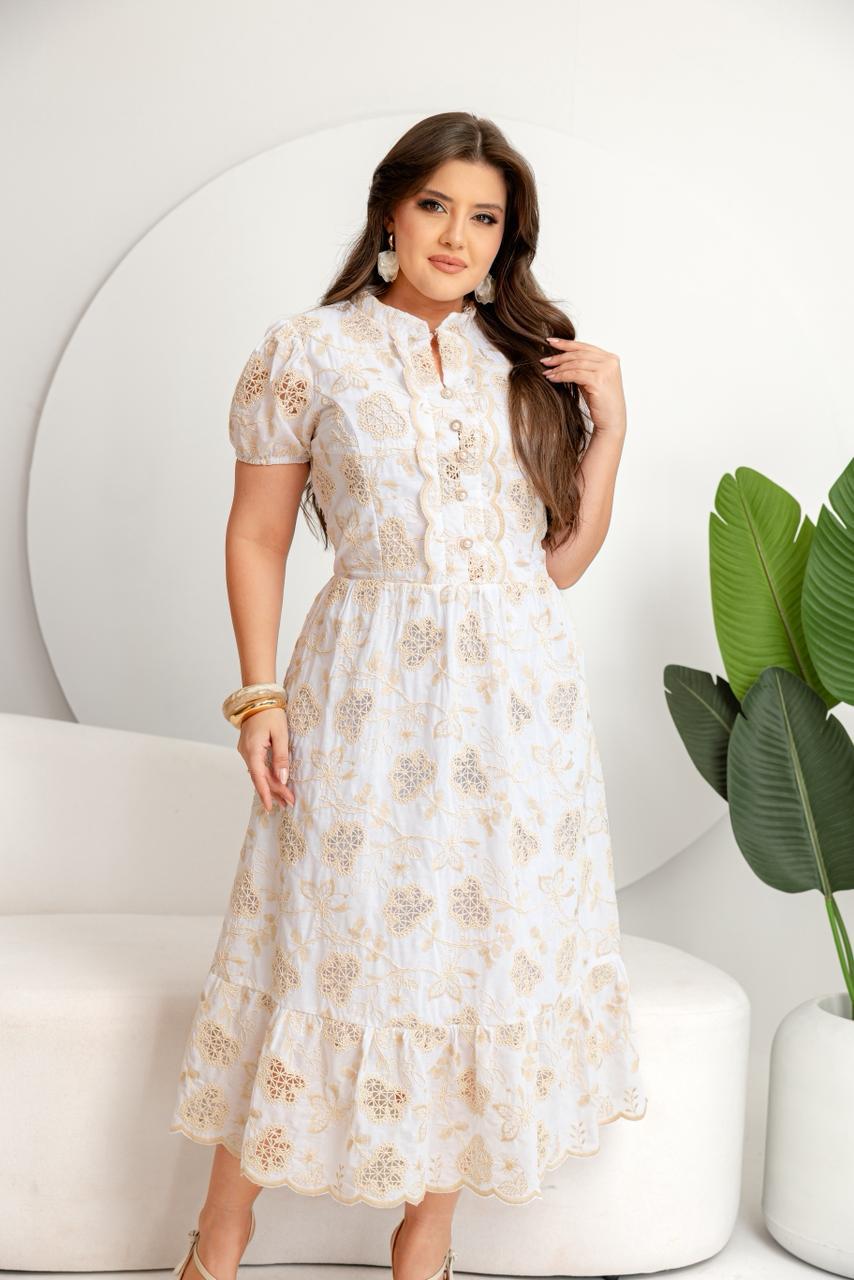 ✨ Vestido Social Elegante en Blanco y Dorado ✨
