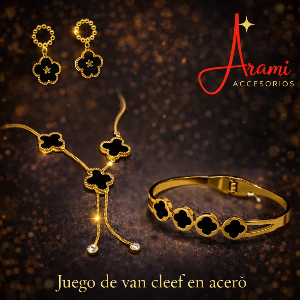 Juego Estilo Van Cleef de Acero Elegante (Collar + Aros + Pulsera)