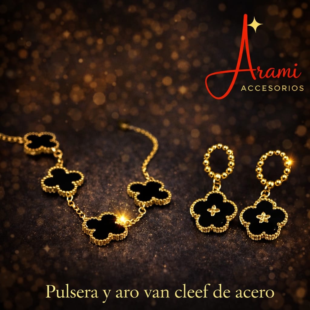 Pulsera y Aros Estilo Van Cleef de Acero Elegante