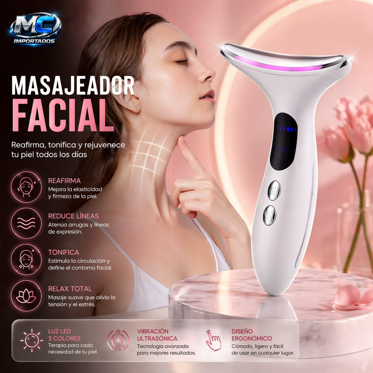 Masajeador Facial Reafirmante con Luz LED ✨ | Rejuvenece y Tonifica tu Piel
