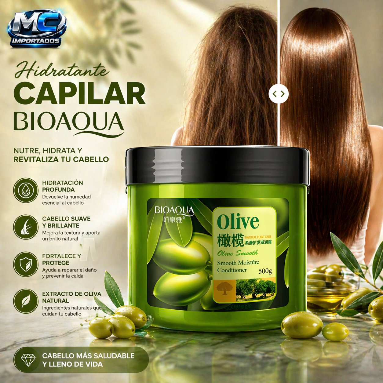 Hidratante Capilar Bioaqua de Oliva 🌿 | Reparación Profunda y Brillo Extremo