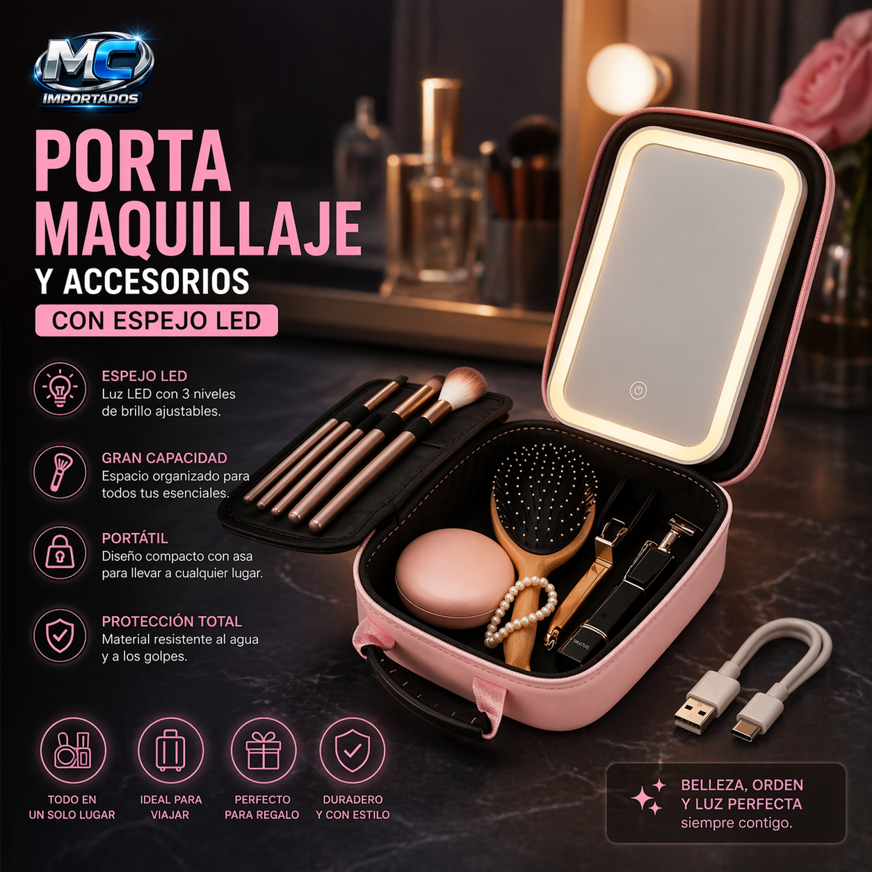 Porta Maquillaje con Espejo LED ✨ | Organiza, Ilumina y Lleva tu Belleza a Otro Nivel