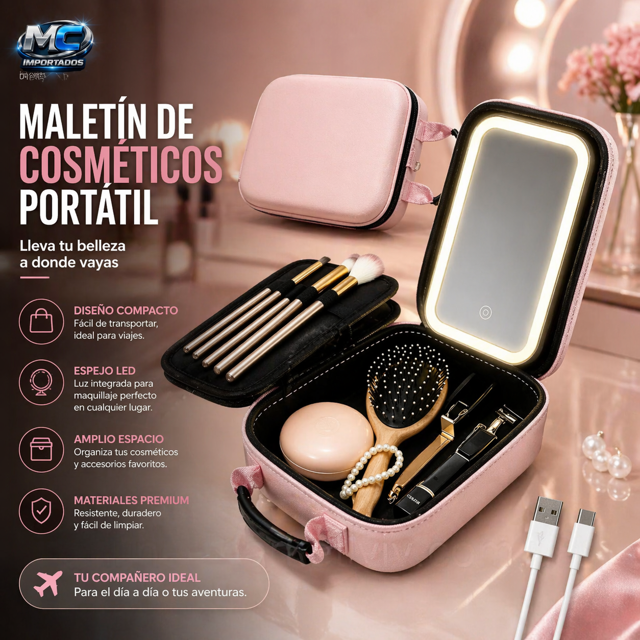 Maletín de Cosméticos Portátil con Espejo LED ✨ | Elegancia y Comodidad en Todo Momento