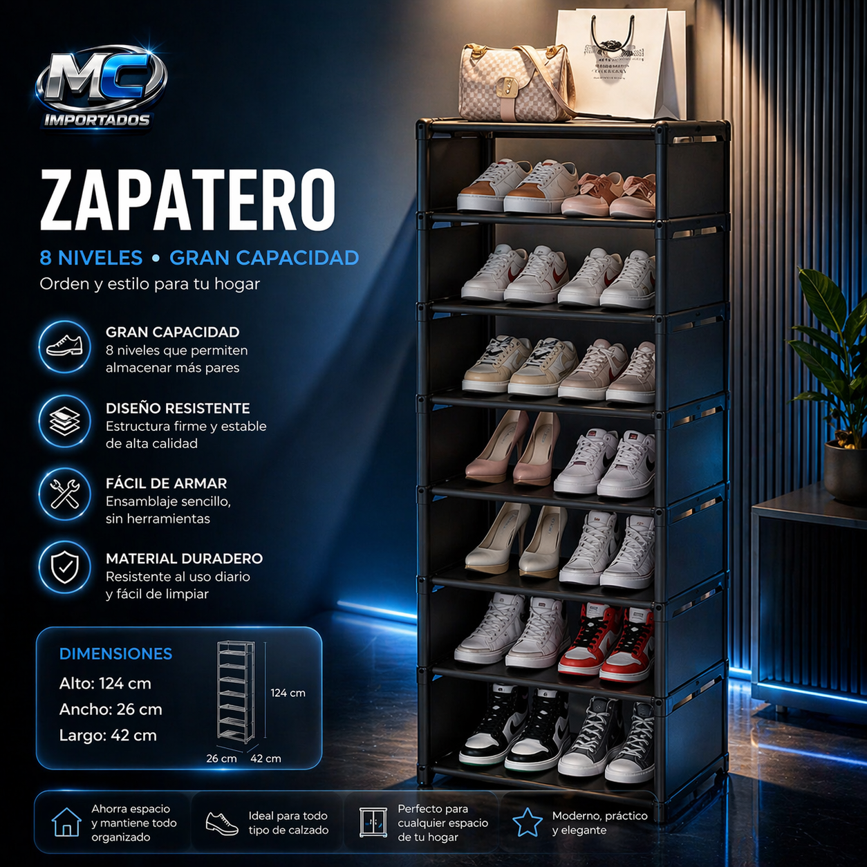 Zapatero Organizador de 8 Niveles 👟 | Gran Capacidad y Ahorro de Espacio