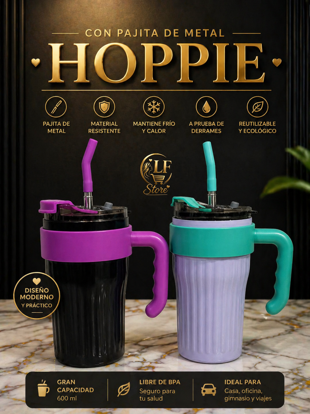 🥤 Hoppie con Pajita de Metal – Práctico, Moderno y Ecológico