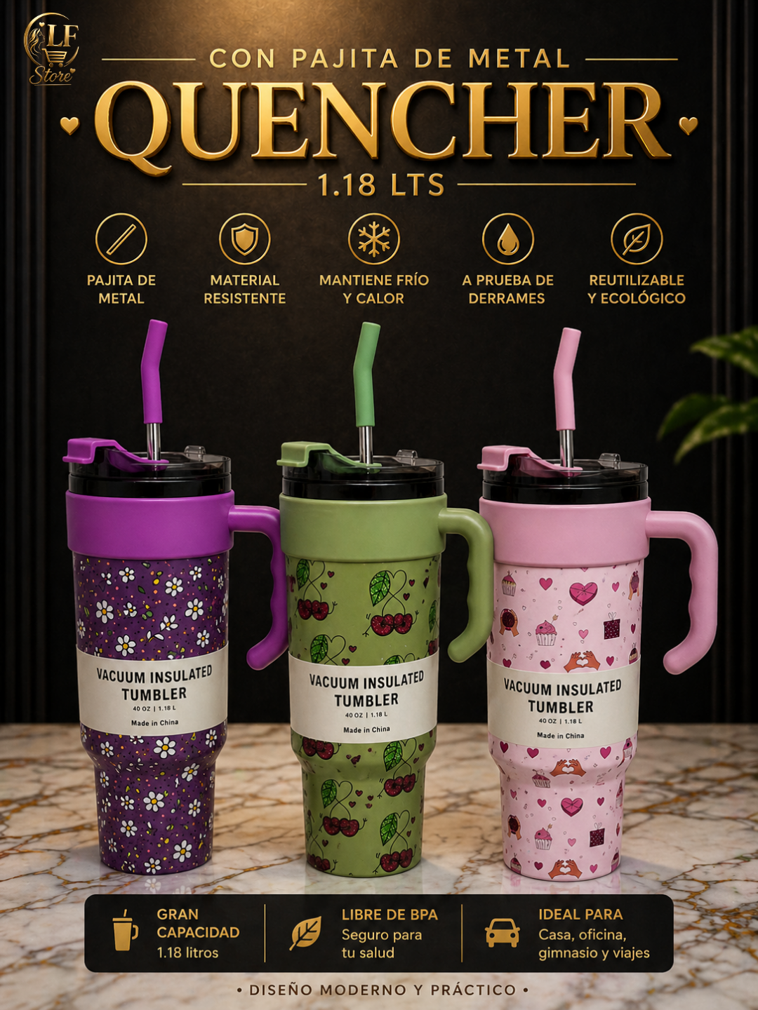 🥤 Vaso Quencher 1.18 L con Pajita de Metal – Máxima Capacidad y Estilo