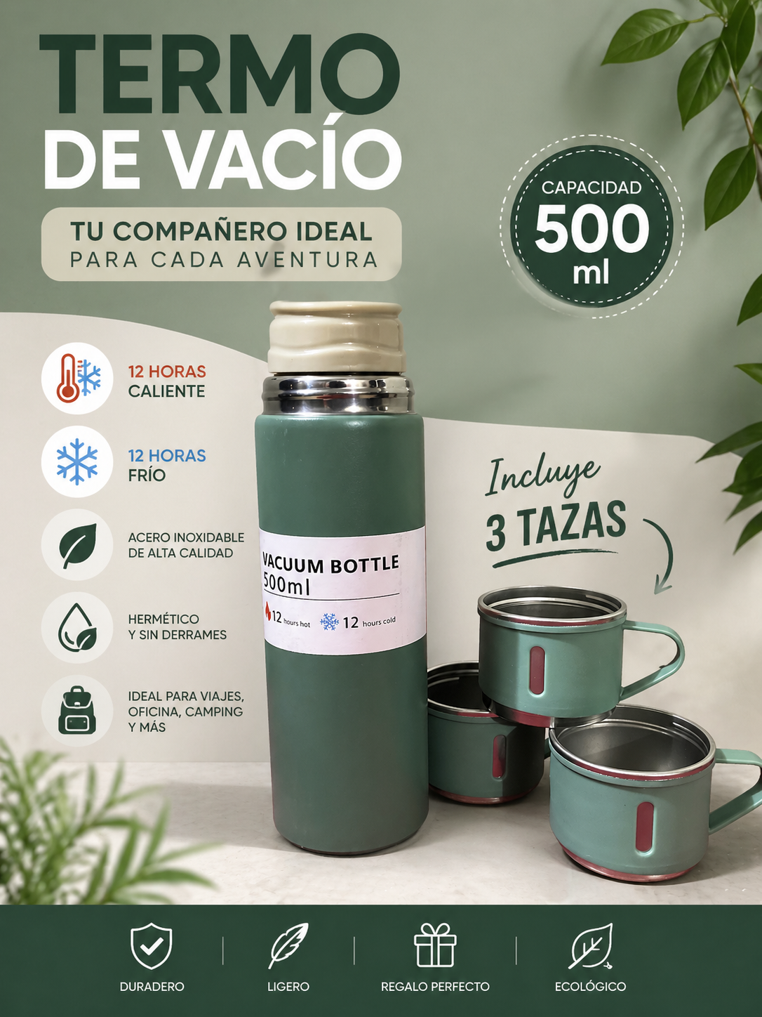 Termo de 500 ml + 3 tazas