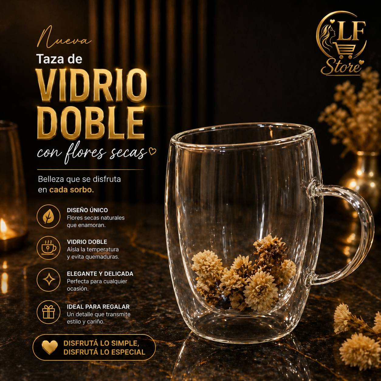 ☕ Taza de Vidrio Doble con Flores Secas – Elegancia en Cada Sorbo