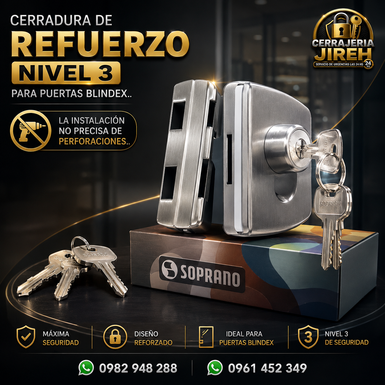 Cerradura de Refuerzo Nivel 3 para Puertas Blindex