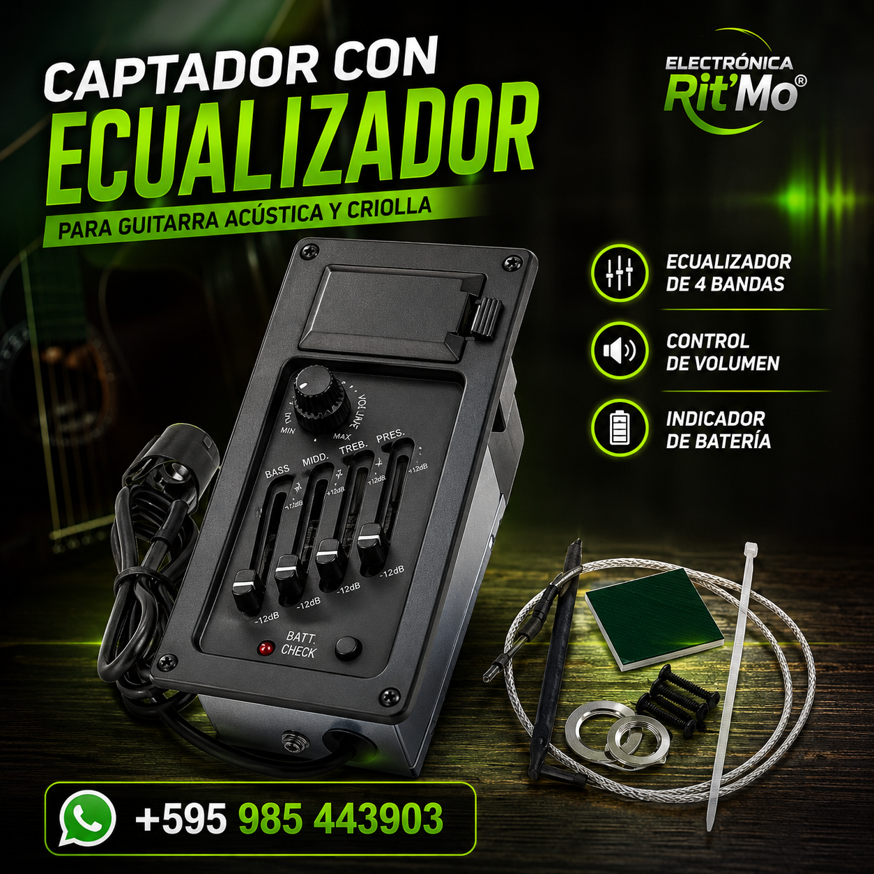Captador con Ecualizador para Guitarra Acústica y Criolla