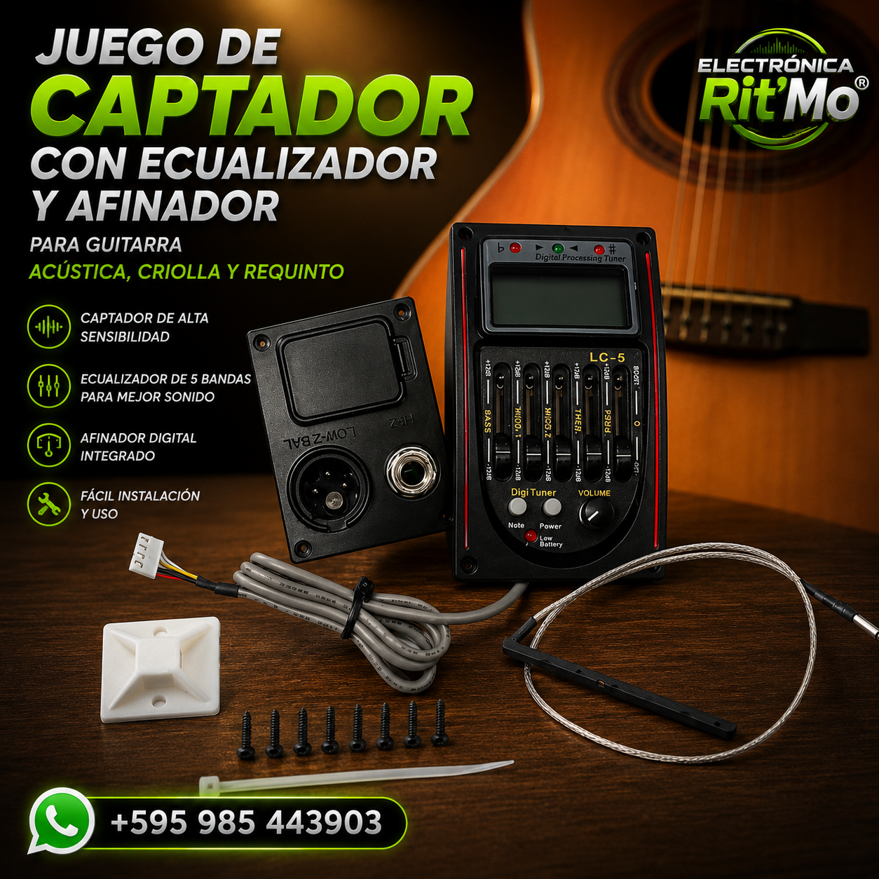 Juego de Captador con Ecualizador y Afinador para Guitarra