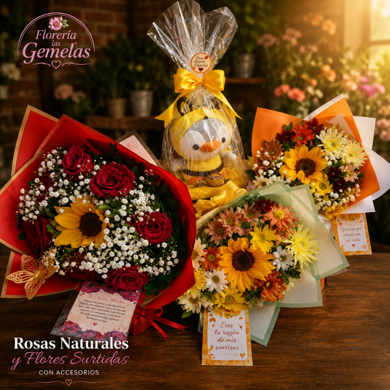 Rosas Naturales y Flores Surtidas con Accesorio Premium