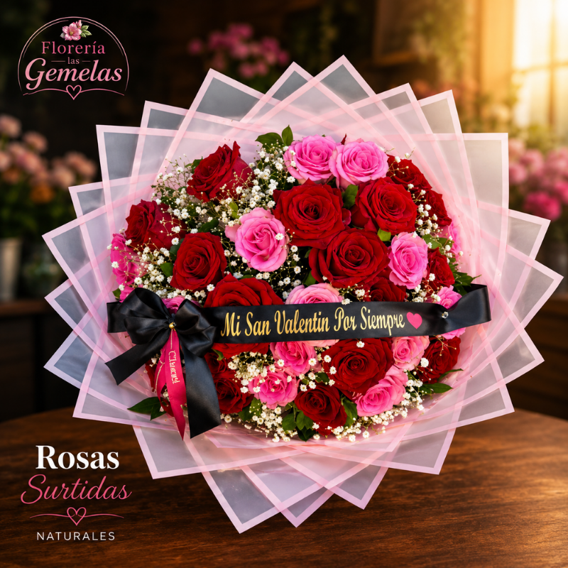 Rosas Rojas y Rosadas Naturales Deluxe