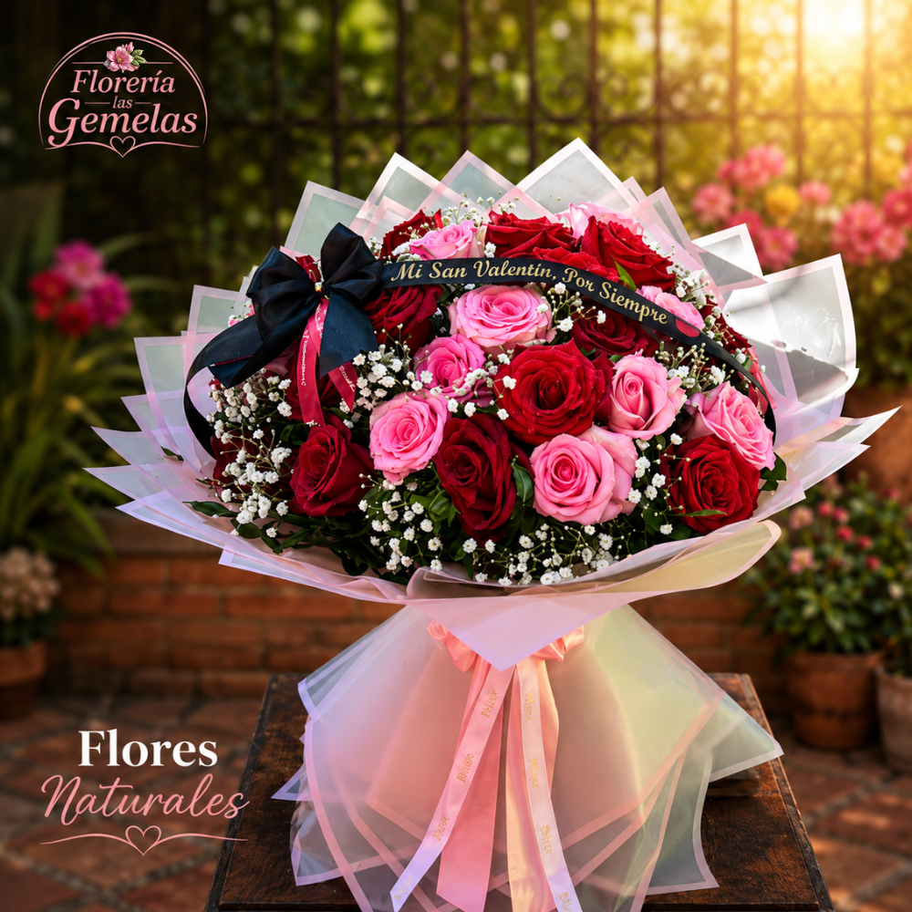Bouquet de Rosas Rojas y Rosadas Premium