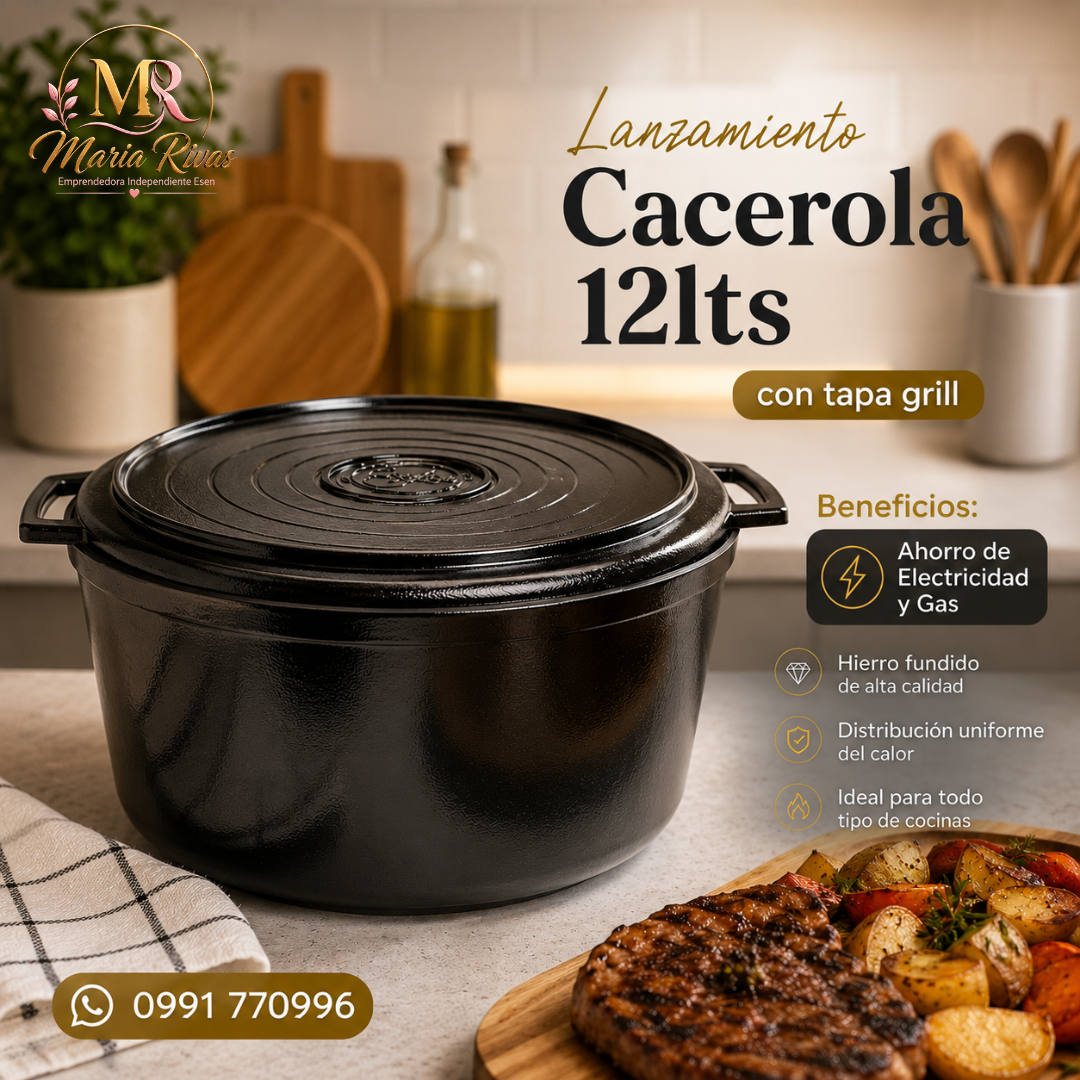 Lanzamiento! Cacerola de Hierro Fundido 12 Litros con Tapa Grill