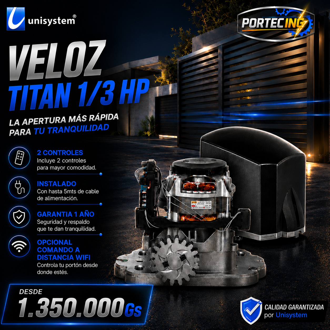⚡ Motor Unisystem Veloz Titan 1/3 HP | Potencia y Apertura Rápida para tu Portón